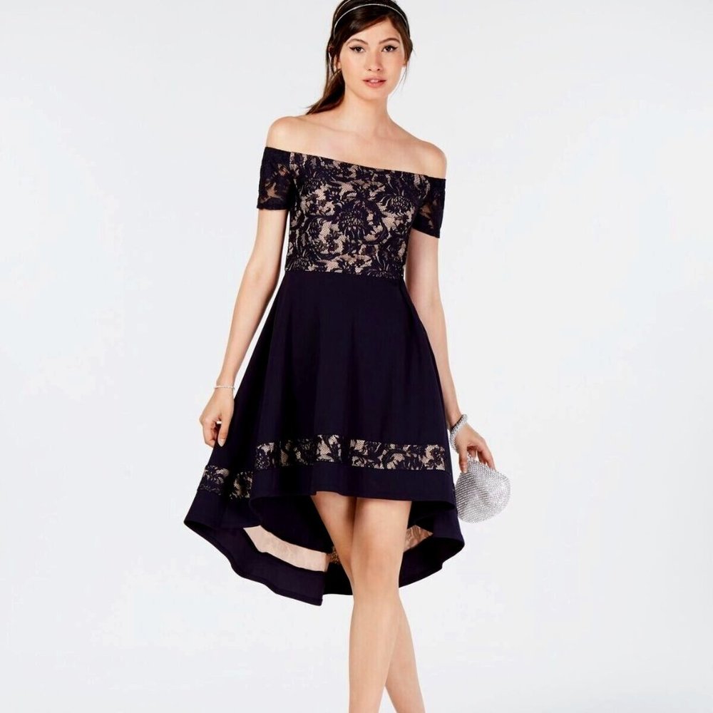 CITY STUDIO Womens Black Short Sleeve Off Shoulder Midi Dress Juniors 5- NWT